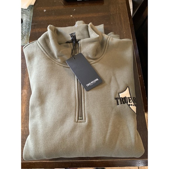 True Religion Brand Jeans Relaxed Mock Quarter‎ Zip Kalamata Pullover Mens M NWT - Picture 1 of 6
